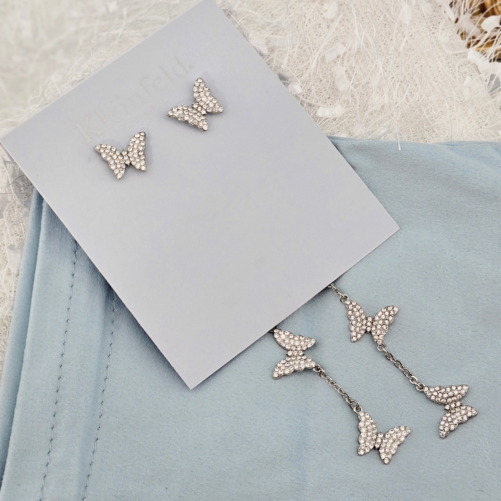 Kleinfeld Earrings Silver Tone Pavé Crystal Butterfly Linear Drop Wedding Bridal